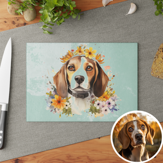 Custom Floral and Pet Glass Cutting Board Watercolor Style